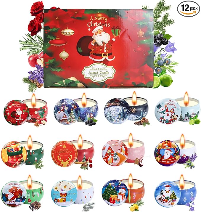 12 Pack Christmas Scented Candles with Natural Soy Wax, Long Lasting Aromatherapy Soy Candles for Home Scented, Christmas Candles Gift Set for Women & Friends