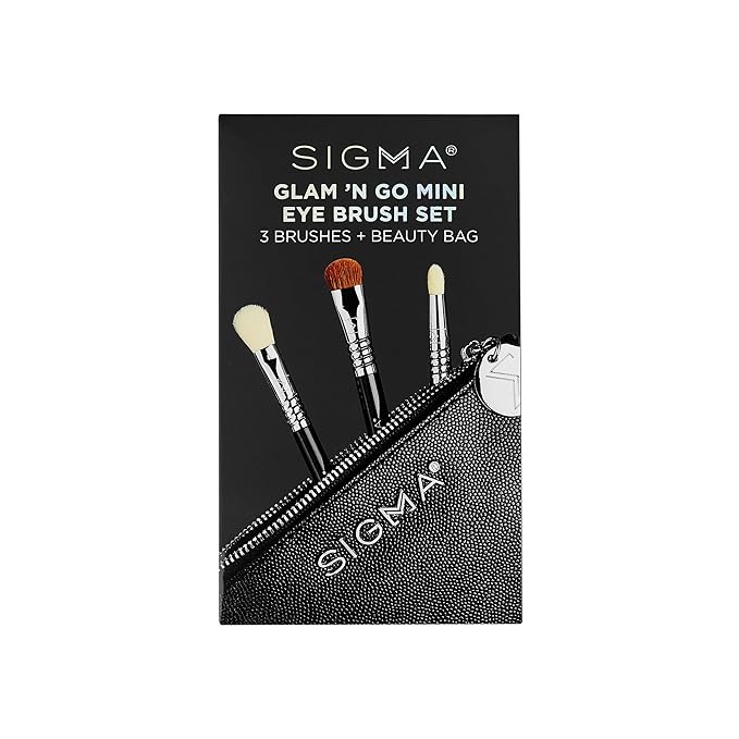 Sigma Beauty Glam ‘N Glow Mini Eye Makeup Brush Set – Set of 3 Eye Makeup Brushes for Blending, Shading, Lining, and Smudging, Includes Stylish Black Small Makeup Bag (4 Pcs)