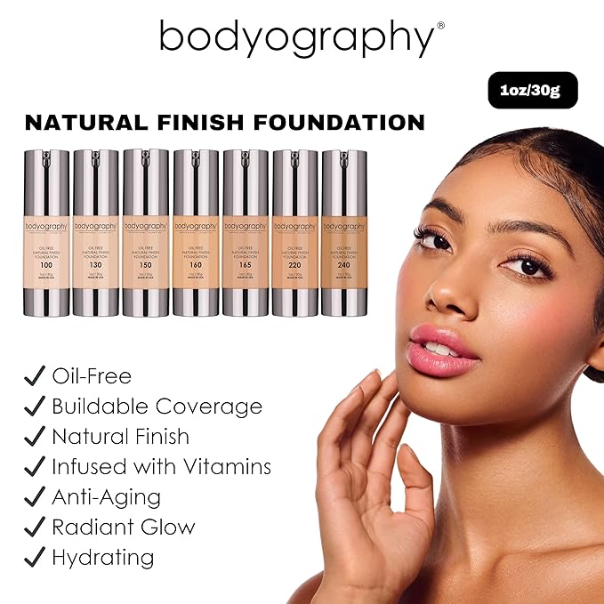 BODYOGRAPHY - NATURAL FINISH Foundation (Light Medium #150): Oil-Free Anti-Aging Salon Natural Finish w/ Vitamin E, C, Antioxidants | Vegan, Gluten-Free, Paraben-Free