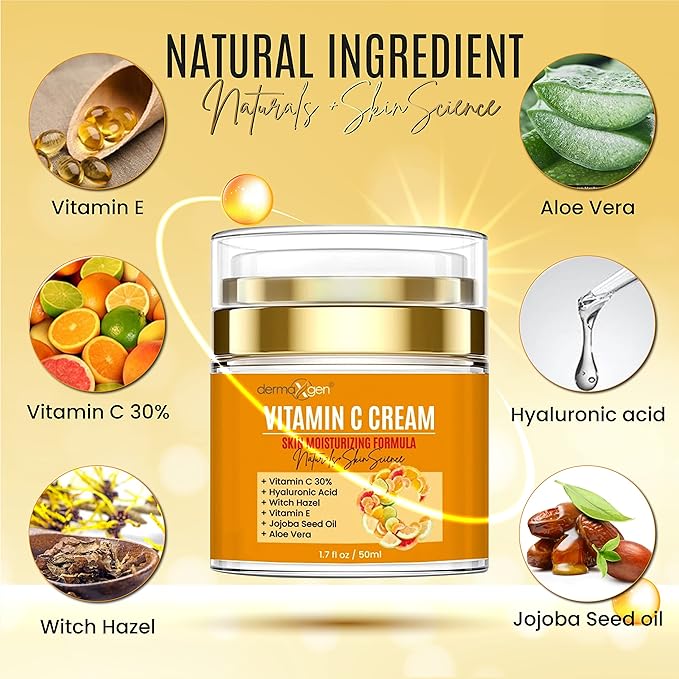 Organic Vitamin C Cream for Face - Deep Hydration Vitamin C Face Moisturizer with Hyaluronic Acid and Vitamins C & E - Anti-Aging Formula to Reduce Wrinkles and Fine Lines - 1.7 Fl Oz