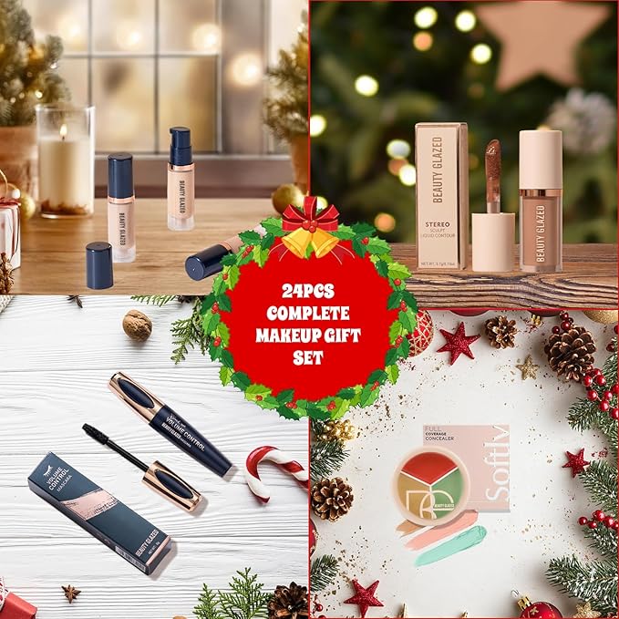 Beauty Advent Calendar, 24 Days Christmas Countdown Calendar Makeup Kit, All-in-One Professional Christmas Cosmetic Gift Set for Women, Holiday Cosmetic Surprise Starter Makeup Set for Gifts