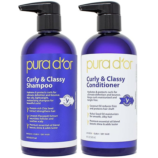 PURA D'OR Curly & Classy Shampoo & Conditioner Set for Defined Curls - Nourishing Formula with Argan, Castor, Geranium, Coconut & Kukui Seed Oils