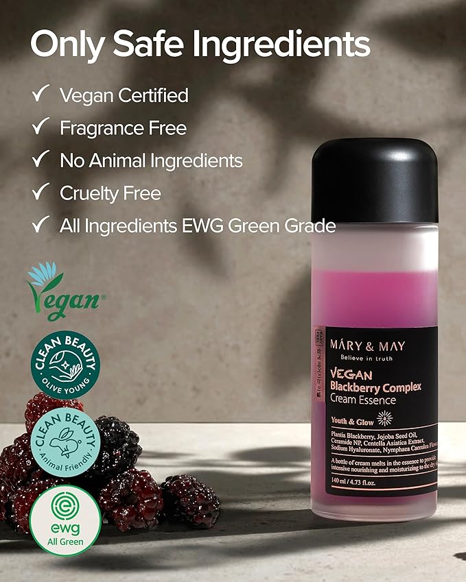 Mary&May Vegan Blackberry Cream Essence | Milky Essence Toner | Deep Hydration | Korean Skincare | Strengthens Skin Barrier | Plumping & Firming | Lightweight Formula (140ml/4.73 fl.oz.)