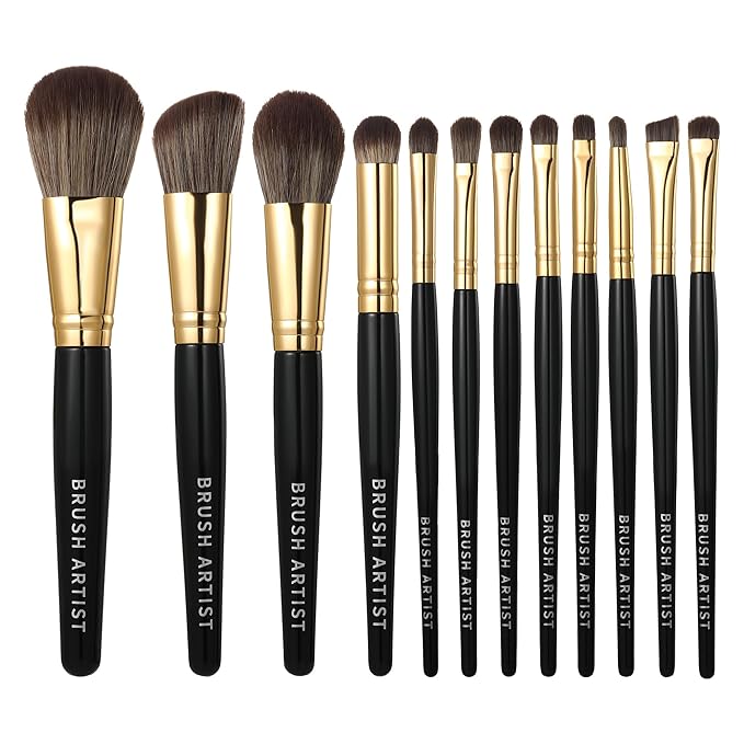 BRUSH ARTIST 12 PCs Premium Synthetic Black Makeup Brush Set Face Powder Brush, Contour Brush, Blush Brush, Eyeshadow Brush, Eyebrow Brush, Concealer Brush,Travel Size