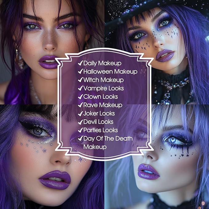 BOBISUKA Eyeshadow Makeup Palette + Matte Lipstick Kit, 6 Colors Purple Blue Pink Shimmer Matte Eye Shadow Pallet with Purple Liquid Lipgloss Set for Halloween, Costume, Cosplay, Witch, Ursula Makeup