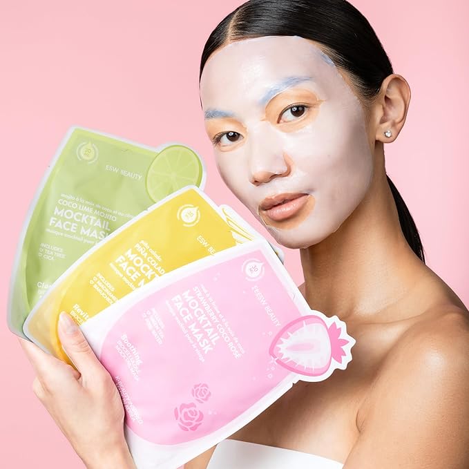 ESW Beauty Mocktail Face Mask Set - 3-Pack Vegan Face Masks for Hydrating, Revitalizing & Calming Skin - Includes Coco Lime Mojito, Strawberry Coco Rosé & Piña Colada Biocellulose Masks