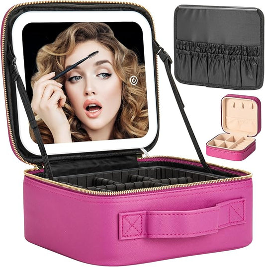 Makeup Travel Train Case with Mirror LED Light 3 Adjustable Brightness Large Cosmetic Bag Portable Storage Adjustable Partition Waterproof Makeup Brushes Make up Jewelry Gift for Women