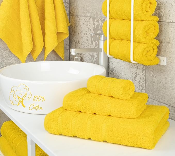 American Soft Linen Premium 3 Piece Towel Set, 1 Bath Towel 1 Hand Towel 1 Washcloth, 600 GSM 100% Cotton Turkish Towels for Bathroom, Yellow Towel Set