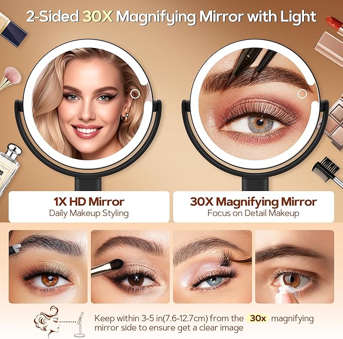 B Beauty Planet Makeup Mirror with Lights, Lighted Magnifying Mirror 30X with 3 Lighting and Adjustable Brightness, 2-Sided Height Adjustable Vanity Mirror for Bathroom, Gifts for Women Black