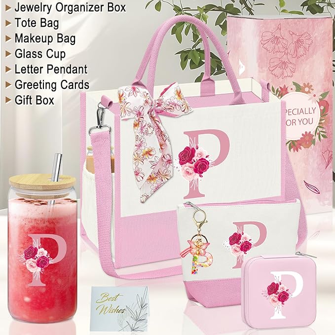 Monogrammed Gifts for Women,Personalized Gift for Women,Initial Canvas Tote Bag,16oz Initial Glass Cup,Initial Makeup Bag,Initial Jewelry Organizer Box,Birthday Gifts for Aunt Niece-P