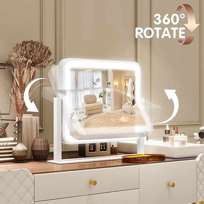 FENNIO Vanity Mirror with Lights 14"×12" Makeup Mirror with Lights,Lighted Vanity Mirror Tabletop,Smart Touch with 3-Color Lighting,Dimmable,for Vanity Desk Tabletop