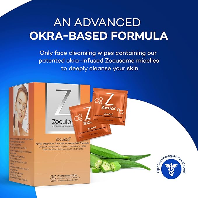 ZocuZap Acne Face Wipes - Moisturizing Face Cleansing Wipes for Acne, Makeup Removal, and Exfoliation with Natural Okra Complex for Sensitive, Rosacea Skin - 30/ct