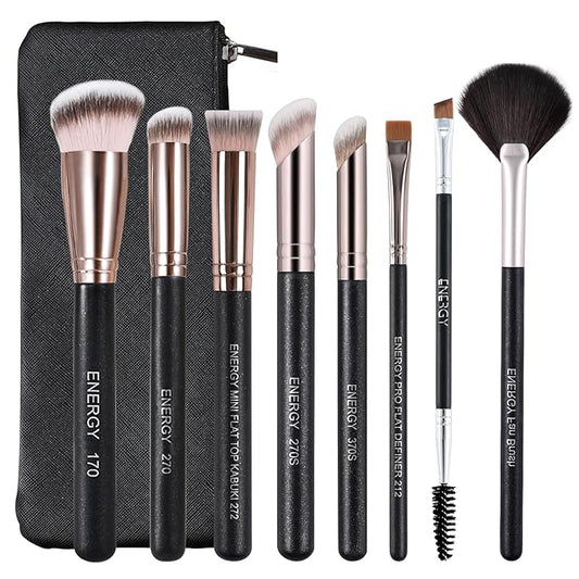 ENERGY Makeup Brush Set - 8PCS Professional Makeup Brushes for Foundation, Concealer, Eyeshadow, Blending, Contour, Powder, Eyeliner, Vegan Synthetic Fiber, Portable Travel Kit with Case (Black)