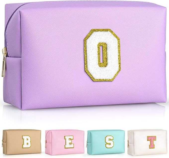TOPEAST Small Makeup Bag Initial Cosmetic Bag Travel Toiletry Bag, Personalized Birthday Gift for Mom Sister Friends Teacher Nurse, Preppy Travel Stuff for Girls (Purple O)