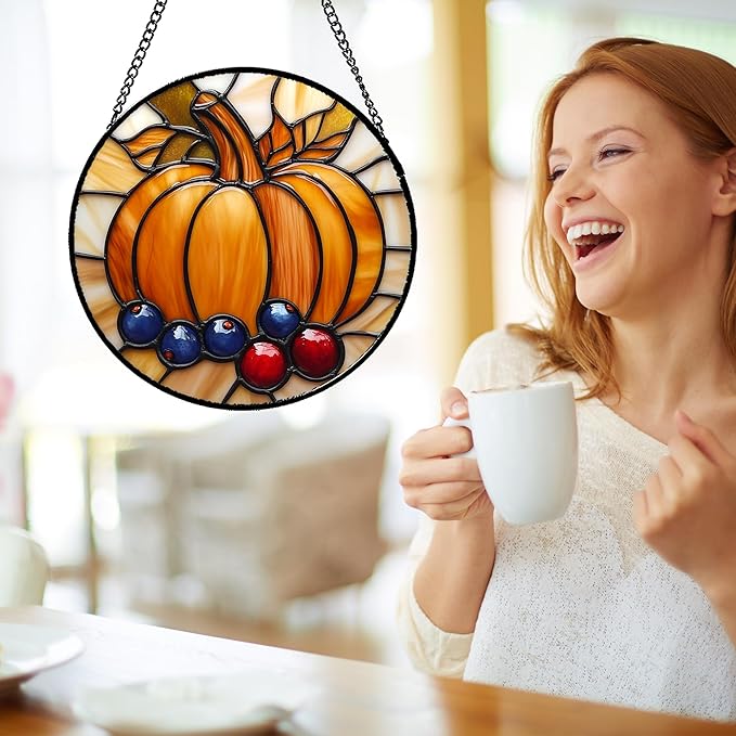 Stained Glass Window Hanging Fall Pumpkin Berries Large 11.8" - Suncatcher Door Garden Kitchen Sunroom Sun Catcher Autumn Home Decor Birthday for Mom Grandma Men Woman