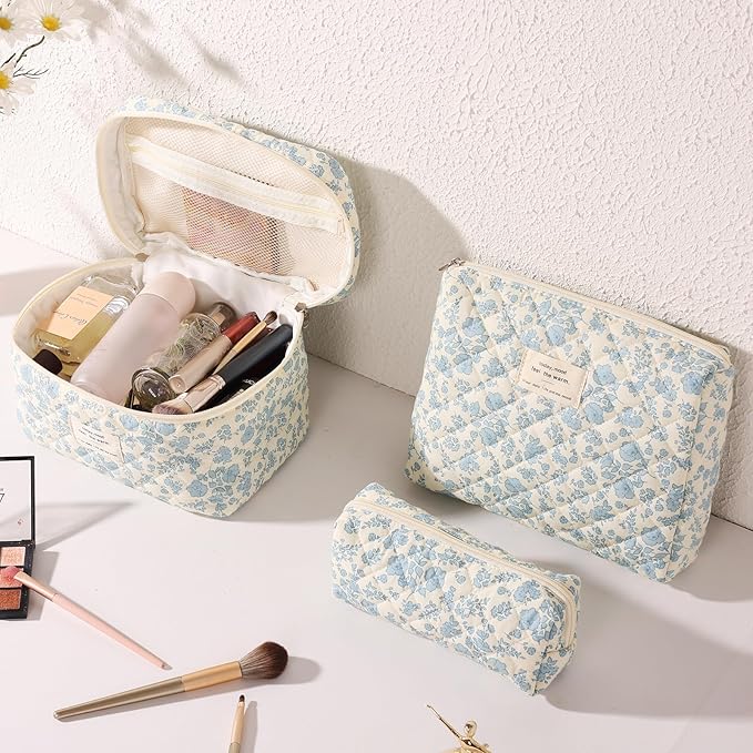 Anfly Makeup Bag, Quilted Cosmetic Bags, Large Floral Make Up Bag, Cute Makeup Bag 3PC Set for Women Girls (Blue)