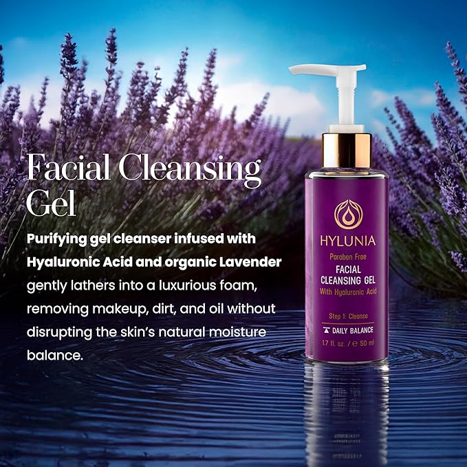 Hylunia Facial Cleansing Gel, Hydrating Cleanser & Makeup Remover w/Hyaluronic Acid, Organic Lavender & Plant Extracts. Deep Cleans, Balances Skin, Soothes Acne-Prone Skin. Sulfate Free. 5.1 fl. oz.