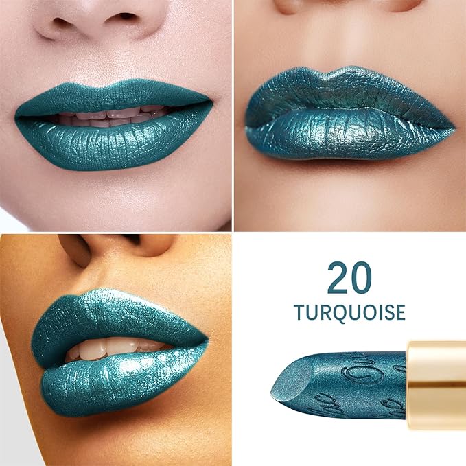 Oulac Metallic Green Lipstick for Women with Metallic 3D Shine, Lightweight Hydrating Formula, High-Impact Lip Color, Vegan Beauty, Full Coverage Lip Makeup, Turquoise (20)
