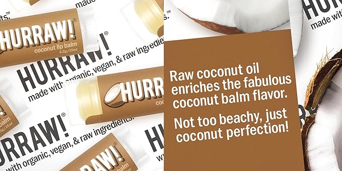 Hurraw! Coconut Lip Balm, 3 Pack: Organic, Certified Vegan, Cruelty and Gluten Free. Non-GMO, 100% Natural Ingredients. Bee, Shea, Soy and Palm Free. Made in USA