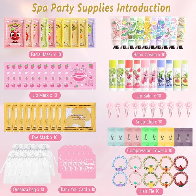 100Pcs Spa Party Supplies for Girls,Spa Party Favors Skincare Fruit Face Masks,Lip Masks,Under Eye Patches,Hand Cream,Lip Balm,Compressed Towel,Hair Tie,Spa Birthday Sleepover Party Supplies for Women