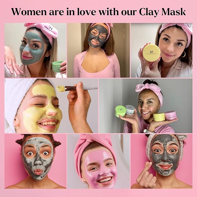 VogueNow Clay Mask Gift Pack of 4 Jars (400g) With Cute Headband & Brush | Premium Clay Face Mask | Turmeric Vitamin C, Green Tea, Rose, Dead Sea Mud | Clay Mask For Face | Spa Gift set for Women