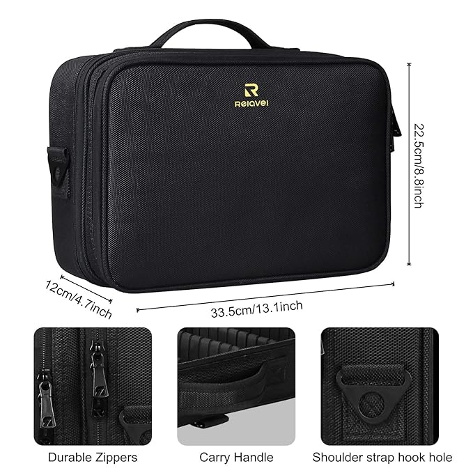 MONSTINA Travel Makeup Train Case,13.8 inches Large Cosmetic Case,Makeup Brush Holder Organizer and Storage with Adjustable Dividers and Shoulder Strap (Black)