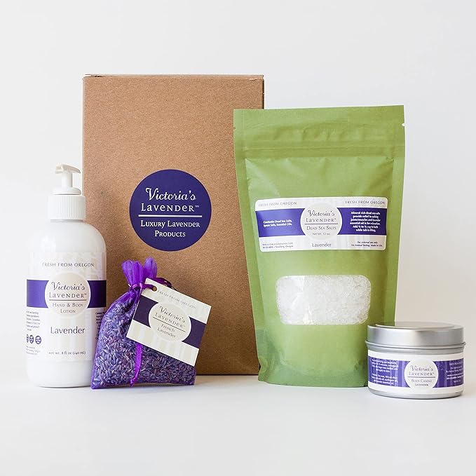 Victoria's Lavender Gift Basket for Women - Travel Massage Candle, Hand & Body Lotion, Bath Salts & Lavender Sachet, Skin Care, Beauty Products for Women, Body Wash Set, Spa Kit, Made in The USA