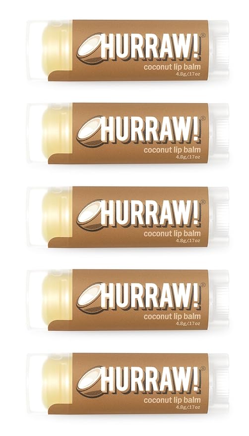 Hurraw! Coconut Lip Balm, 5 Pack: Organic, Certified Vegan, Cruelty and Gluten Free. Non-GMO, 100% Natural Ingredients. Bee, Shea, Soy and Palm Free. Made in USA