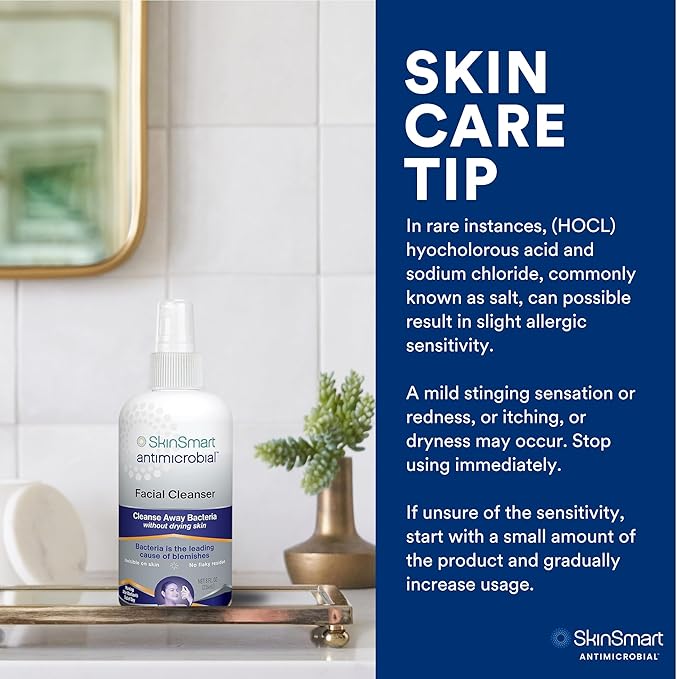 SkinSmart Antimicrobial Facial Cleanser for Breakouts & Blemishes; Hypochlorous Acid Formula Targets Bacteria to Reduce Skin Irritation and Flush Pores Clean, 8 oz Spray, All Ages & All Skin Types