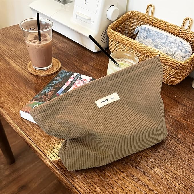 Wudygirl Corduroy Makeup Bag Cosmetic Bag for Women Cute Makeup Organizer Travel Makeup Pouch Toiletry Bag Aesthetic Handbag Pouches for Purse with Zipper (Camel)
