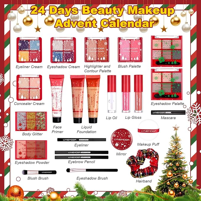Makeup Advent Calendar 2025 Women Teen Girls,24 Days Christmas Beauty Make Up Sets for Party Festival, Advent Beauty Calendar 2025 Cosmetics Holiday Surprise Make Up Kits for Women Full Kit