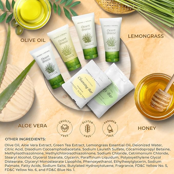 Desert Breeze Amenity & Accessory Kit | 1 oz Shampoo, Conditioner, Lotion, Body Wash, Body Bar, Cleansing Bar, Shave & Dental Sets, Make-Up Wipes, Vanity Kit | 15 Sets per Case