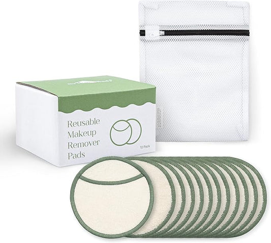 myHomeBody Reusable Makeup Remover Pads, Washable Ultra-Soft Facial Pads, Reusable Facial Cleansing Rounds - 12 Pack with Laundry Bag