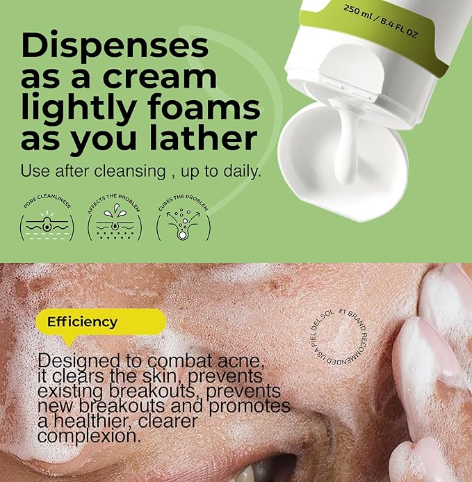 Acne Foaming Wash Cleanser, Benzoyl Peroxide Acne Treatment for Face, Body, pH Balancing - Fragrance-Free Foam Face Wash Moisturizer with Licorice Root, Vitamin E, Antioxidants 250ml.