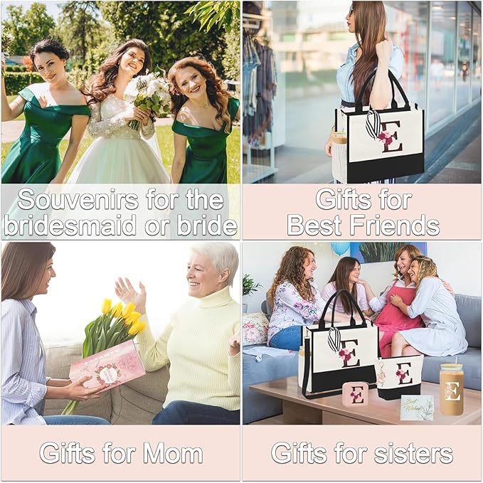 Birthday Gifts for Women,Initial Canvas Tote Bag,Monogrammed Gift for Women,16oz Initial Glass Cup,Makeup Bag with Zipper,Jewelry Organizer Box,Personalized Gifts for Mom-E