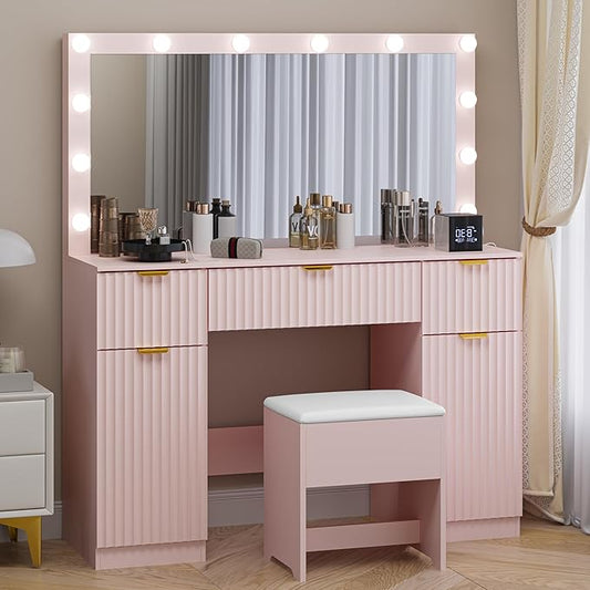 Fluted Makeup Vanity with Large Lighted Mirror and Chair, 7 Drawer Dressing Table with Power Outlet and USB, Elegant Vanity Desk with Cushioned Stool for Bedroom, Women, Girls