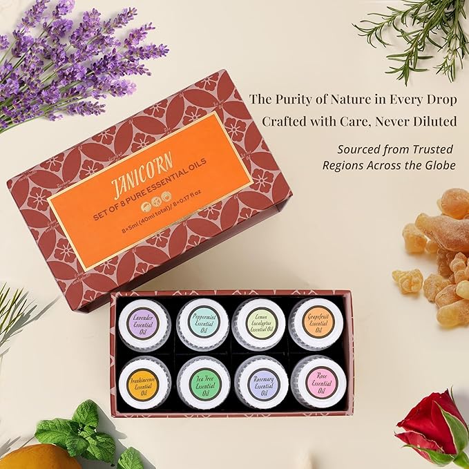 Essential Oils Gift Set – 8×5ml for Sauna Aromatherapy, Diffuser, Spa & Candle Making – Lavender, Frankincense, Peppermint, Rosemary, Tea Tree, Lemon Eucalyptus & More