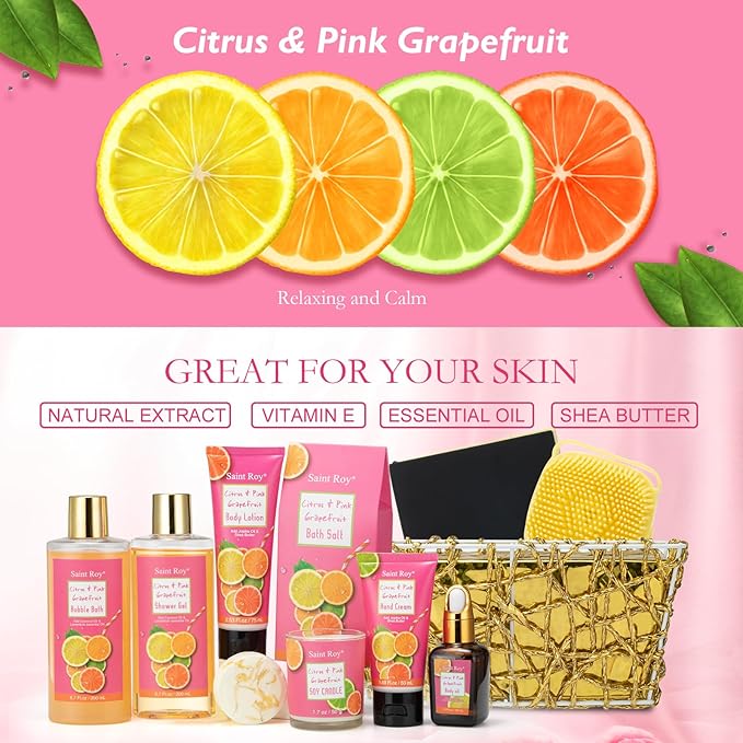Bath & Body Gift Set, Luxury Home Spa Bath Gift Basket Citrus & Pink Grapefruit Spa Kit Gift Woman, 11 Pcs Self Care Kit Gifts With Bubble Bath, Massage Oil, Bath Brush, Birthday Gifts for Women