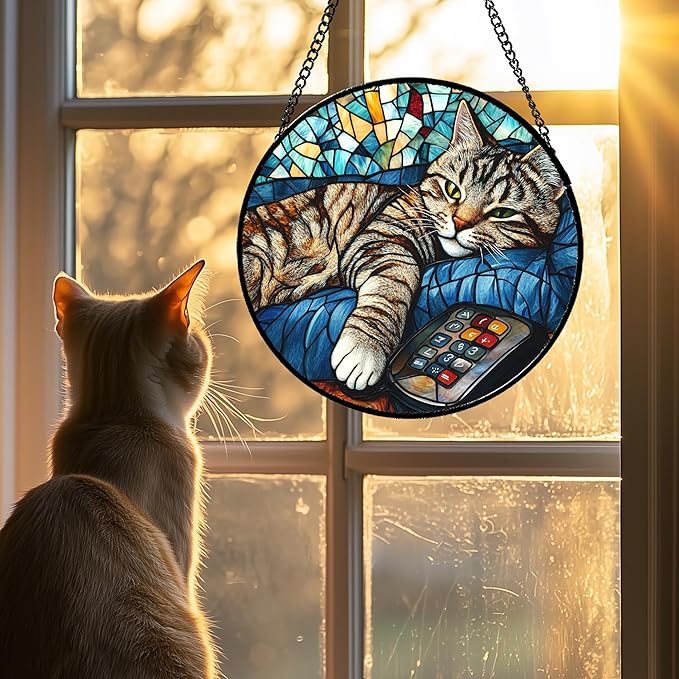 Stained Glass Window Hanging Gray Cat and Remote Control 6.3" - Suncatcher Door Garden Kitchen Sun Catcher Home Decor Birthday for Lost Pets Mom Men Woman Friend Grandma