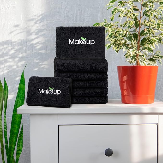 Orighty Makeup Remover Wash Cloths - Super Soft & Quick Dry Microfiber Face Towel, Absorbent Washcloths for Cleansing, Fingertip Face Towels for Makeup Removal, 13 x 13 inch, Pack of 12, Black