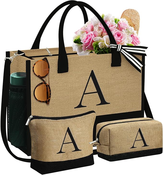 YOOLIFE Gifts for Women - Initial Jute Tote Bag & 2 Makeup Bags Personalized Gifts for Women Teacher Mom Friend Birthday