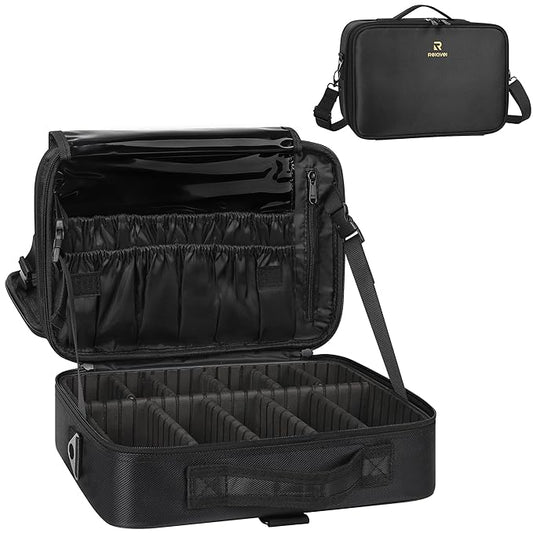 MONSTINA Travel Makeup Train Case,13.8 inches Large Cosmetic Case,Makeup Brush Holder Organizer and Storage with Adjustable Dividers and Shoulder Strap (Black)