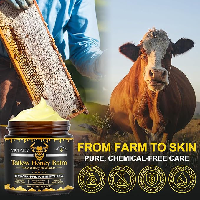 Beef Tallow for Skin, Tallow and Honey Balm for Face - 100% Organic Grass-Fed Beef Tallow & Raw Wild Honey - Moisturizing Cream for Soft, Smooth Skin- Light Scent, Moisturizing Natural Formula, 4.2 Oz