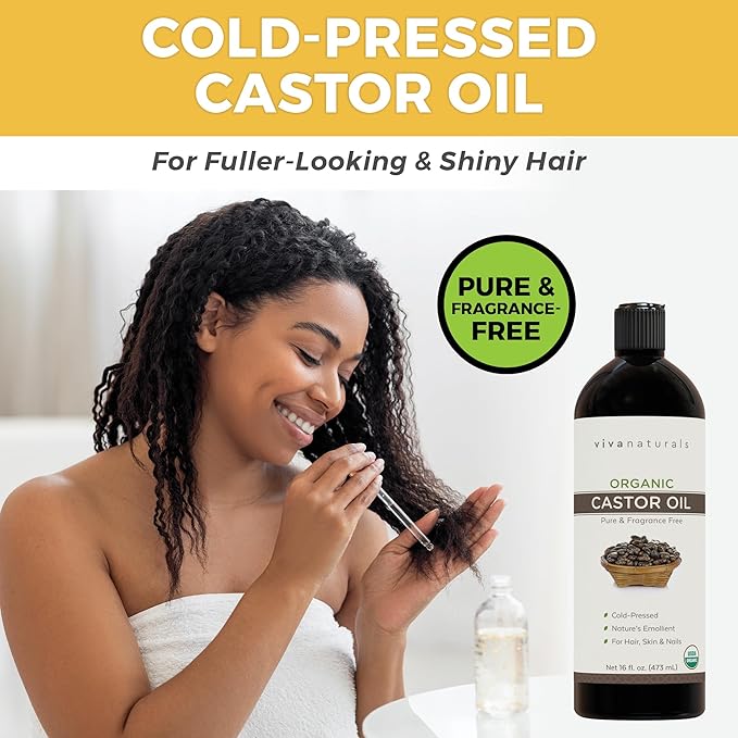 Viva Naturals Organic Castor Oil, Cold-Pressed, 16 fl oz – For Face, Hair, Eyelashes, USDA Organic, Non-GMO - With Beauty Kit