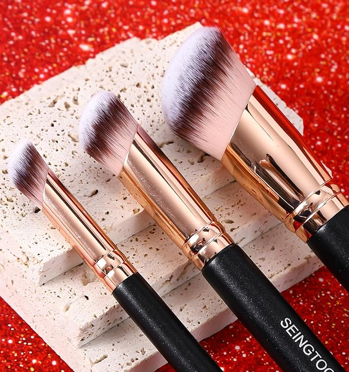 Angled Foundation Brush Contour Conceal Brush Set, 3Pcs Angled Synthetic Kabuki Makeup Brush for Face Blush Bronzer Travel Buffing Stippling Contour Powder Liquid Blending