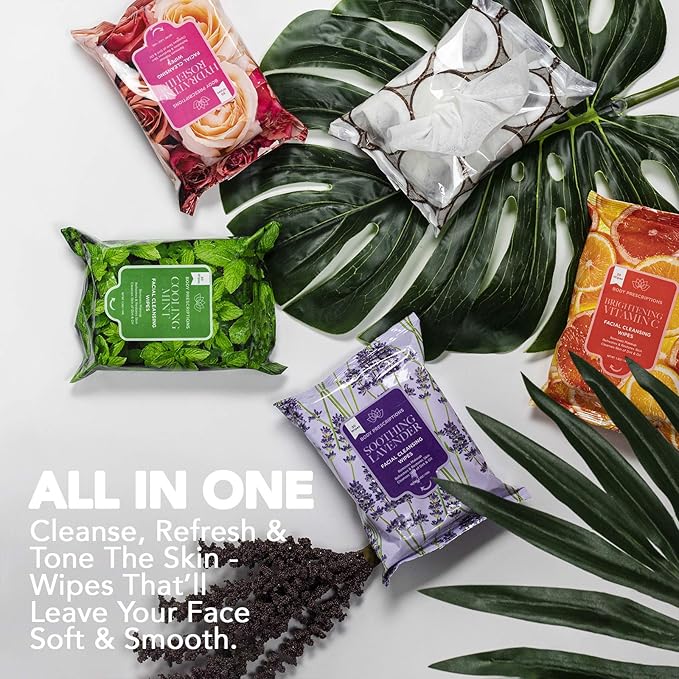 Body Prescriptions Makeup Remover Wipes - Bulk Pack, Gentle Cleansing Wipes for Easy Makeup Removal, Mint, Rosehip, Vitamin C, Lavender & Coconut