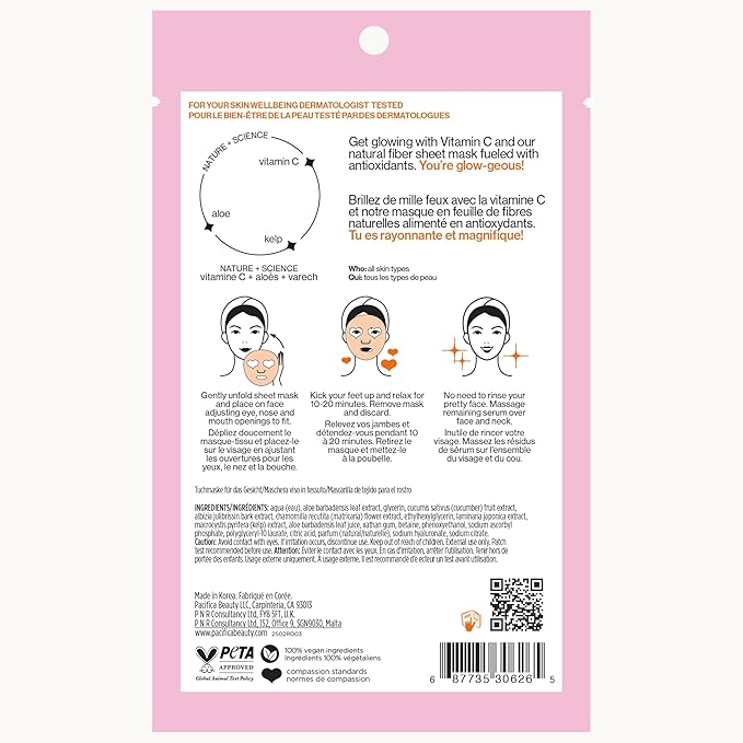 Pacifica Sheet Face Mask - 12 Pack - Glow Baby Brightening Facial Mask w/Vitamin C, Aloe & Kelp – Cooling Mask for Dark Spots & Fine Lines - Clean Beauty Vegan & Cruelty-Free Dermatologist Tested