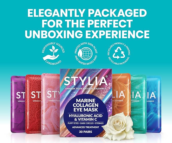 Stylia Under Eye Patches for Puffy Eyes and Dark Circles (12 Pairs) - Marine Collagen Under Eye Mask with Vitamin C, Hyaluronic Acid, Pearl Extract - Eye Masks for Dark Circles and Puffiness