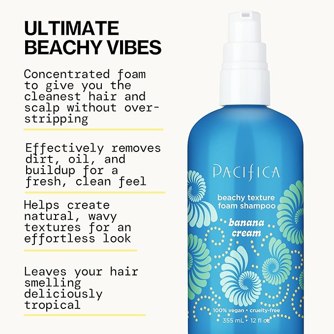 Pacifica Banana Cream Beachy Texture Foam Shampoo – Texturizing Foaming Shampoo for Beachy Waves, Adds Volume & Tousled Look, Sulfate-Free Deep Clean Beauty Vegan & Cruelty-Free Dermatologist Tested