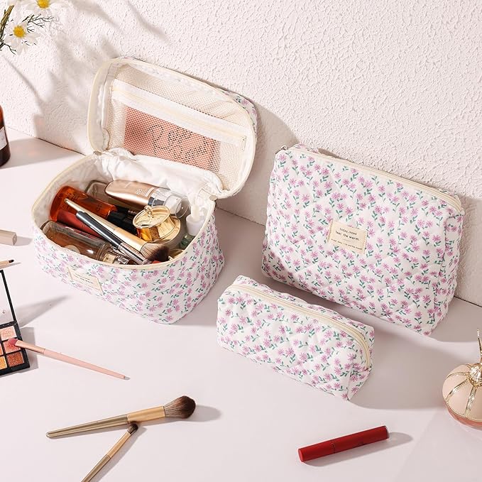 Anfly Makeup Bag, Quilted Cosmetic Bags, Large Floral Make Up Bag, Cute Makeup Bag 3PC Set for Women Girls (Purple)